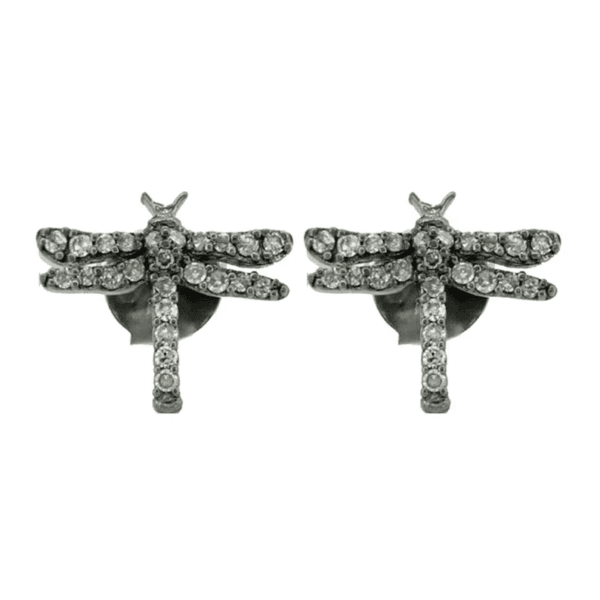 Diamond Pave Dragonfly Stud Earrings, 925 Silver Stud Earrings