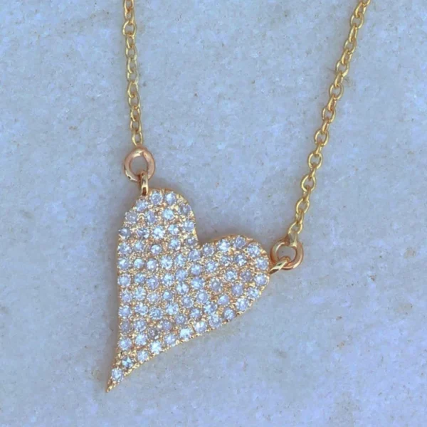 14k Solid Yellow Gold Pendant, Pave Diamond Heart Pendant