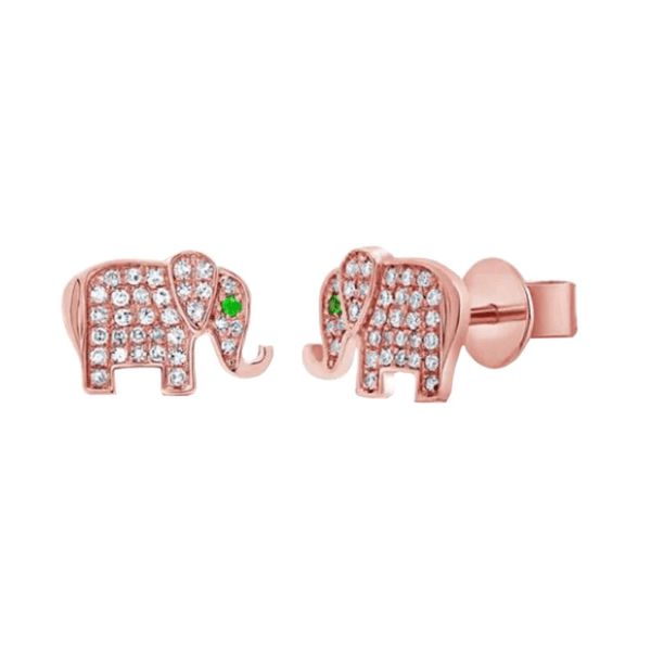 Diamond Elephant Stud Earrings, 14k Yellow Gold Stud Earrings - Image 3