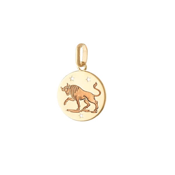 Solid Gold Taurus Zodiac Pendant, 14k Gold Enamel Horoscope Charm Pendant